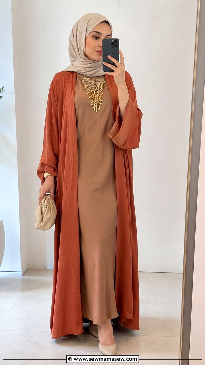 Modest Eid Open Abaya With Neutral Slip - 30 Modest Eid outfit ideas