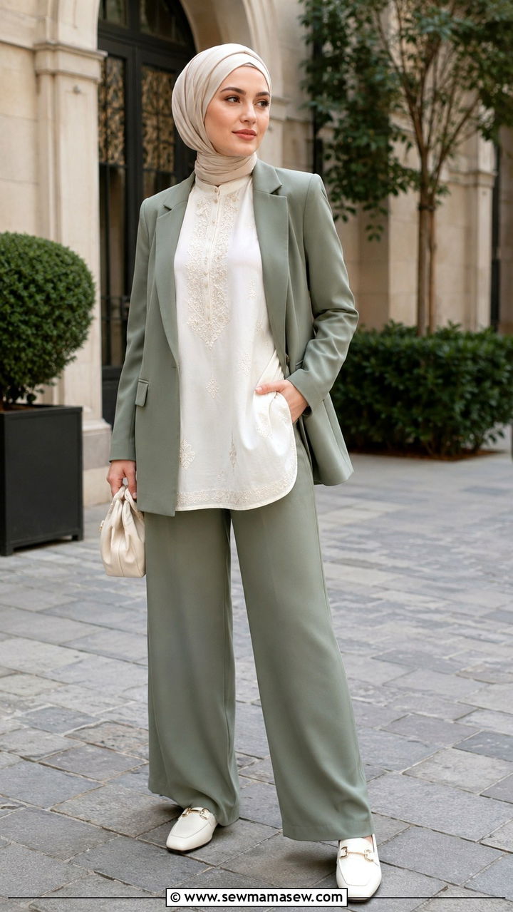 Modest Eid Pantsuit With Embroidered Top - 30 Modest Eid outfit ideas