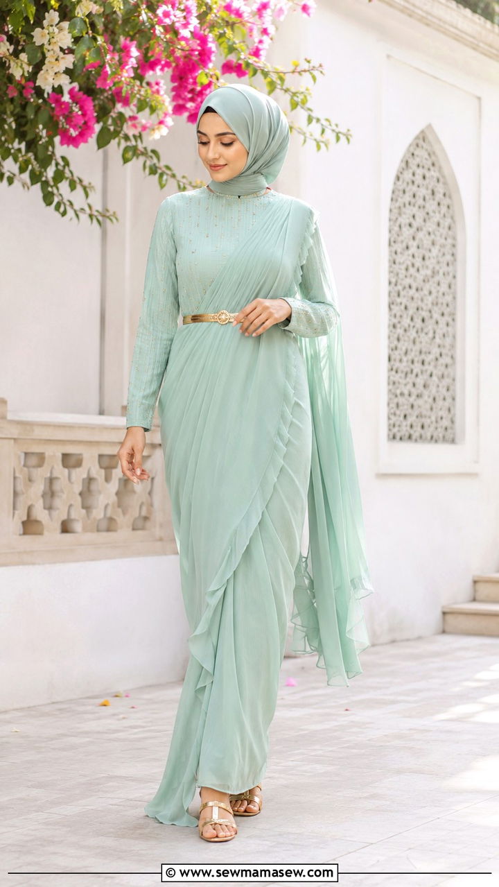 Modest Eid Saree With Belt And Full Sleeve Blouse - 30 Modest Eid outfit ideas