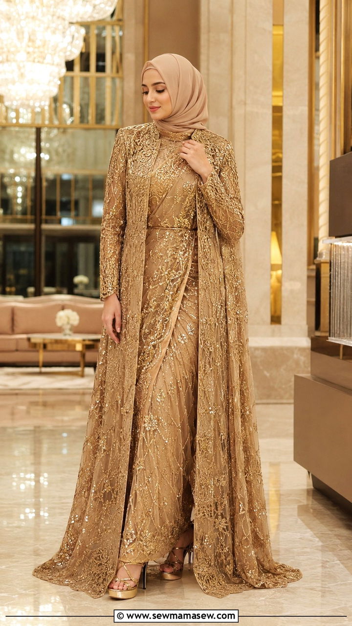Modest Eid Saree With Cape Jacket - 30 Modest Eid outfit ideas