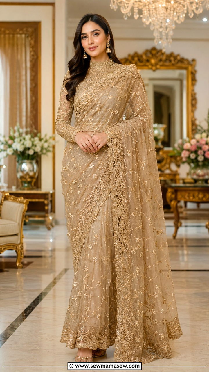Modest Eid Saree With High Neck Blouse - 30 Modest Eid outfit ideas