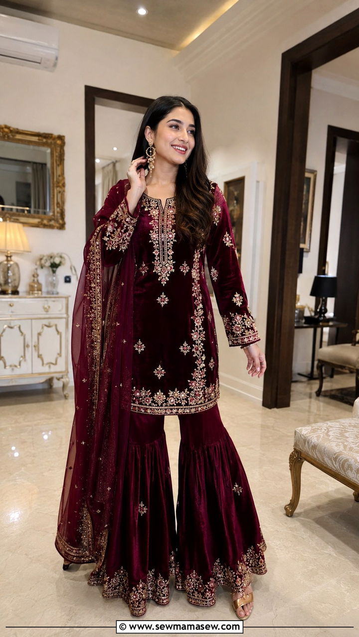 Modest Eid Sharara With Velvet Kurta - 30 Modest Eid outfit ideas