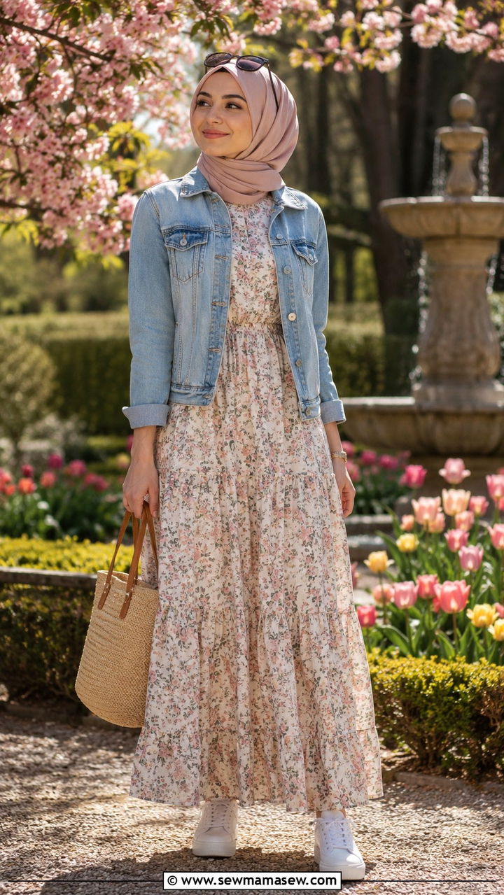 Modest Floral Maxi Dress with Denim Jacket - 30 Modest outfit ideas aesthetic