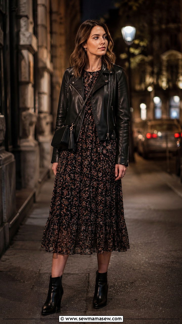 Modest Leather Jacket with Midi Dress - 30 Modest outfit ideas aesthetic