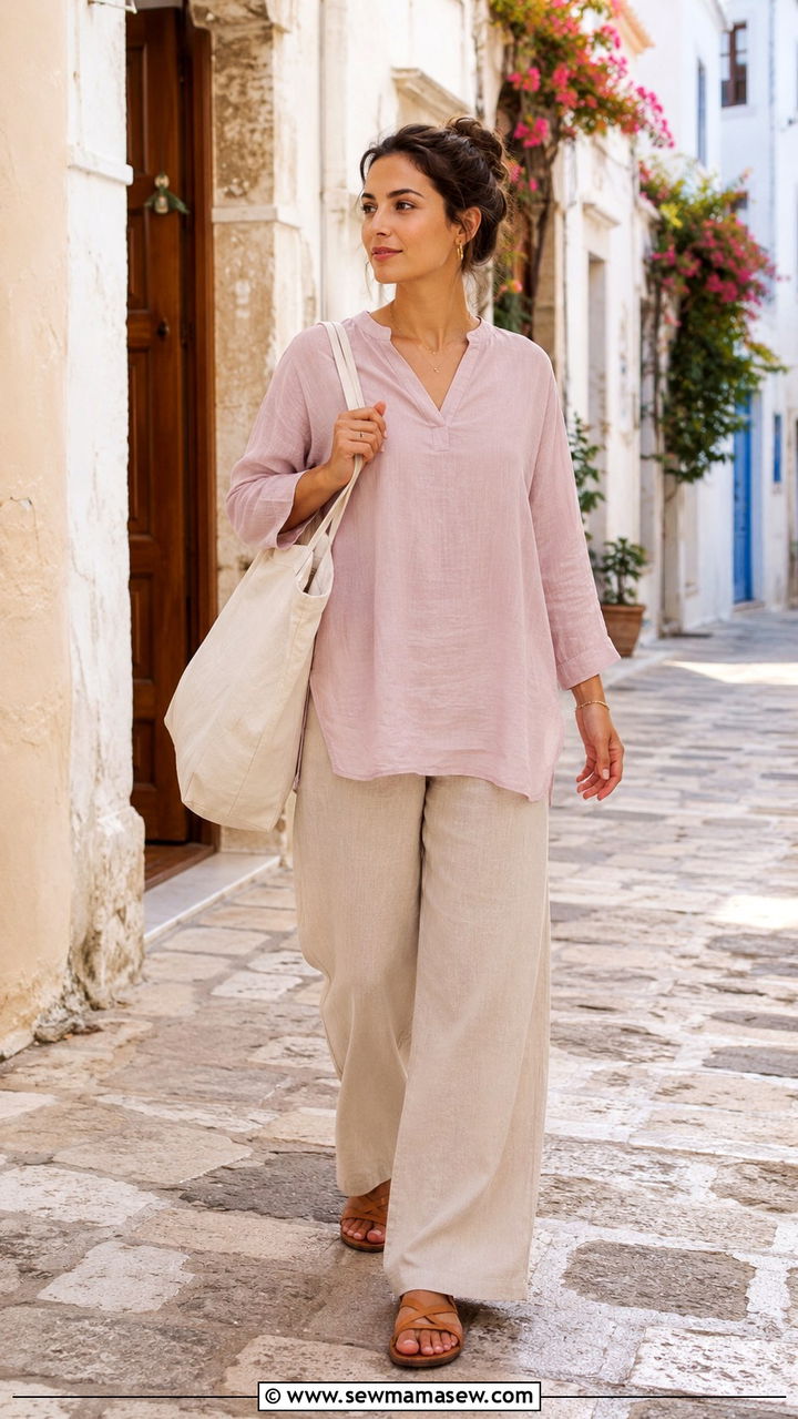 Modest Linen Wide Leg Pants with Tunic Top - 30 Modest outfit ideas aesthetic
