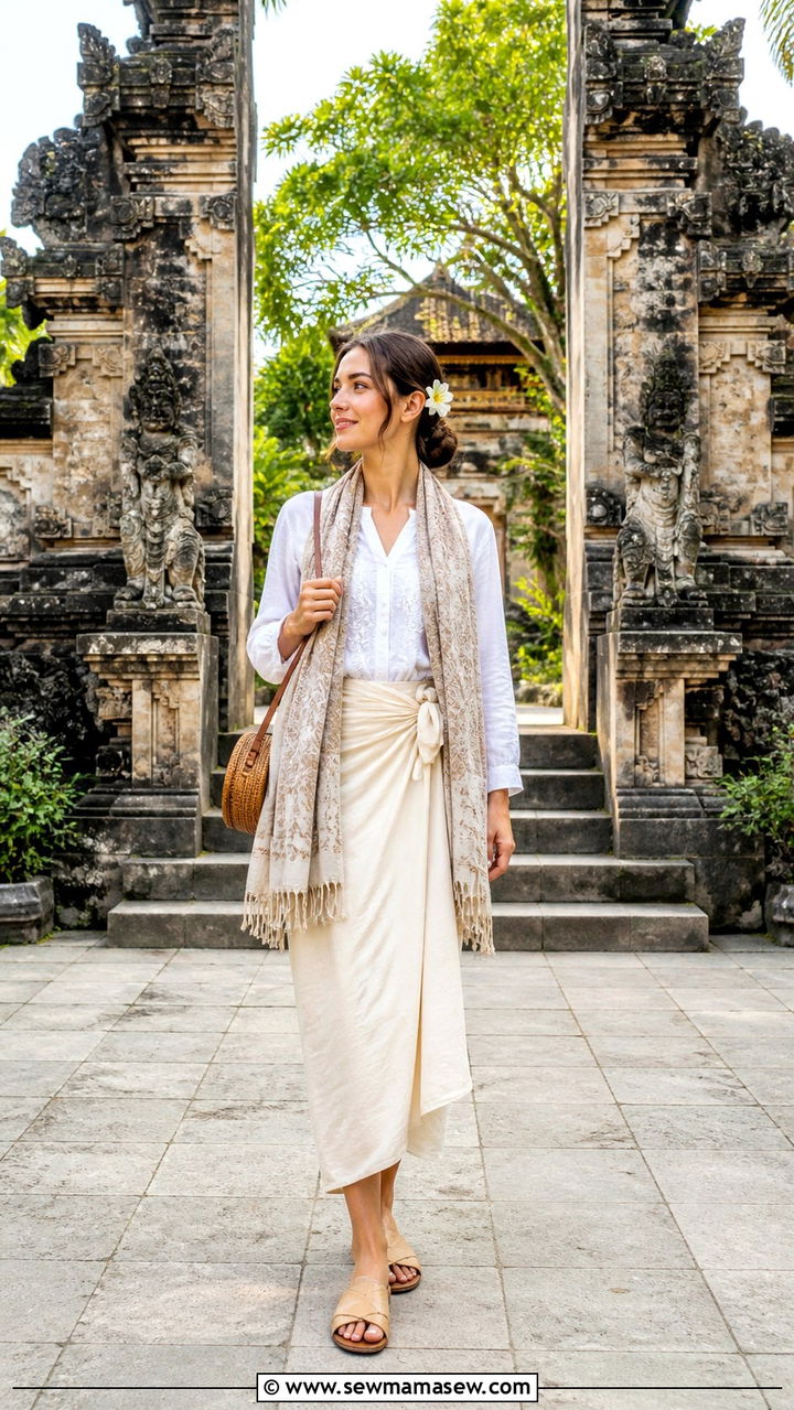 Modest Linen Wrap Skirt And Embroidered Blouse For Temples - 40 Bali outfit ideas