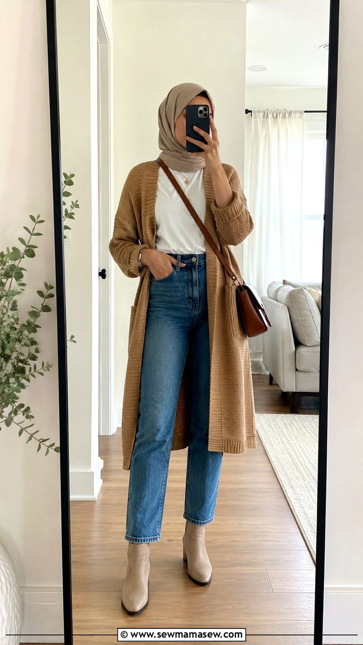 Modest Long Cardigan with High Waist Jeans - 30 Modest outfit ideas aesthetic