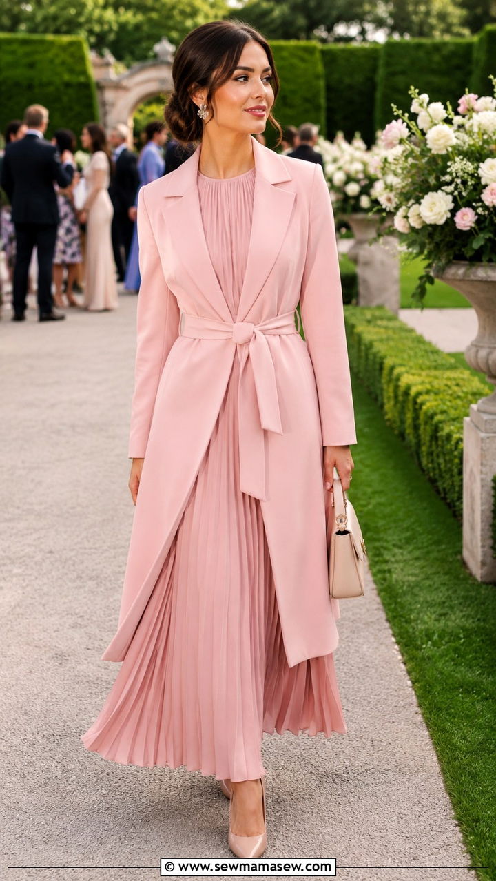Modest Long Pleated Dress with Belted Coat - 30 Modest outfit ideas aesthetic