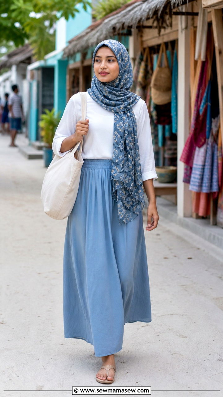 Modest Long Skirt With T Shirt And Lightweight Scarf - 40 Maldives outfit ideas