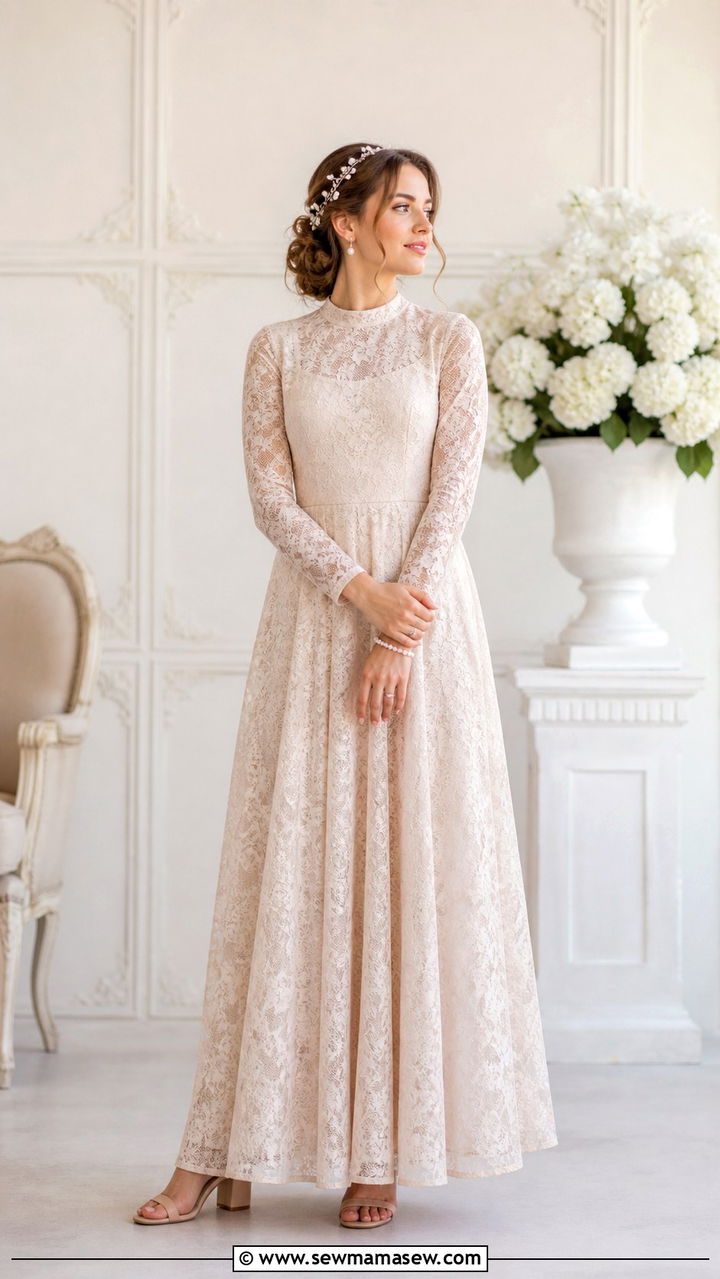 Modest Long Sleeve Lace Prom Gown With Pearl Accessories - 40 Prom dress ideas