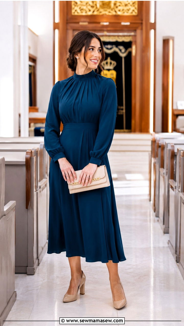 Modest Long Sleeve Midi Dress for Orthodox Jewish Wedding - 20 Wedding guest outfit ideas Jewish wedding