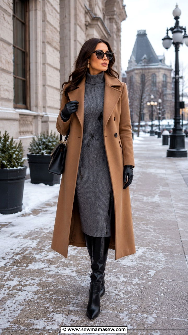 Modest Long Wool Coat with Knit Midi Dress - 30 Modest outfit ideas aesthetic