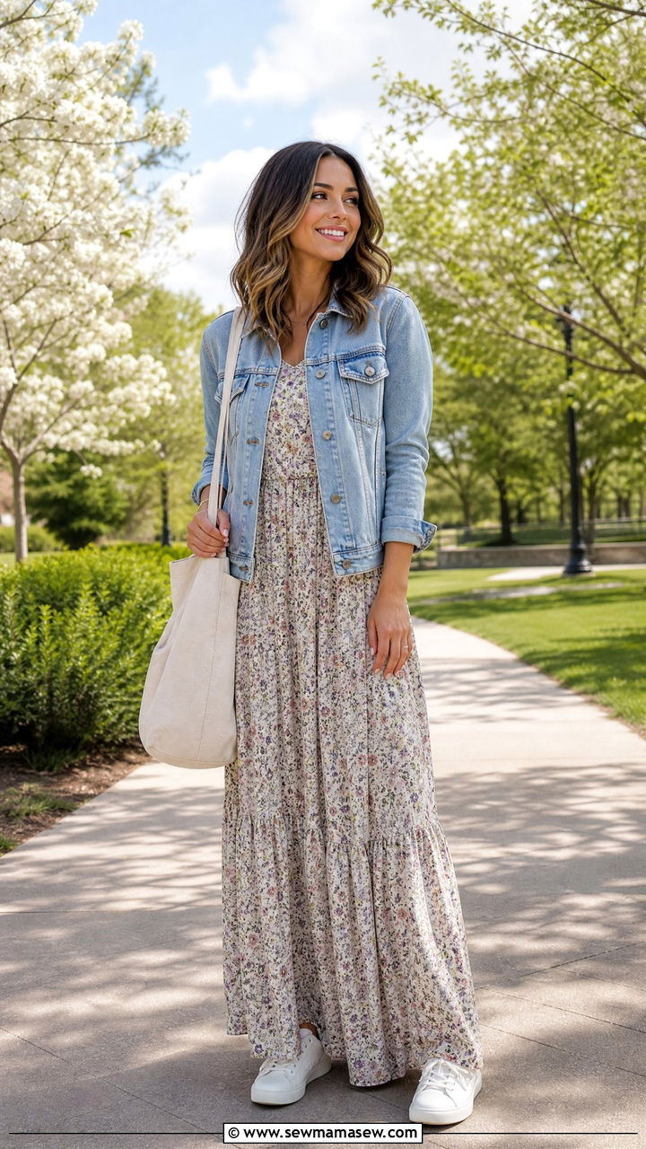 Modest Maxi Dress With Denim Jacket - 30 Modest outfit ideas with maxi dress