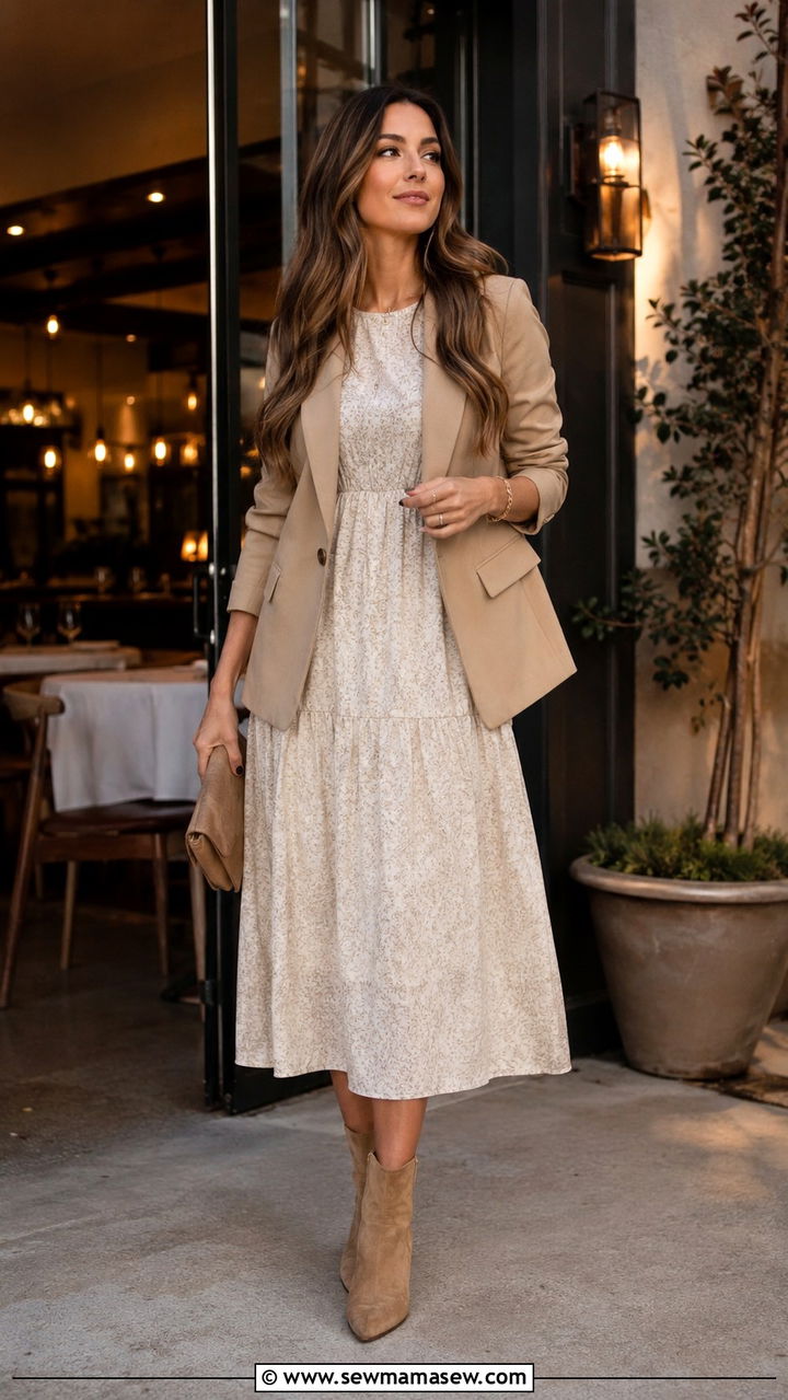 Modest Midi Dress With Blazer And Ankle Boots - 30 modest dinner outfit ideas