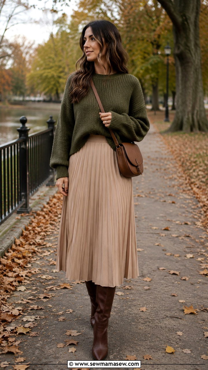 Modest Oversized Sweater with Pleated Midi Skirt - 30 Modest outfit ideas aesthetic