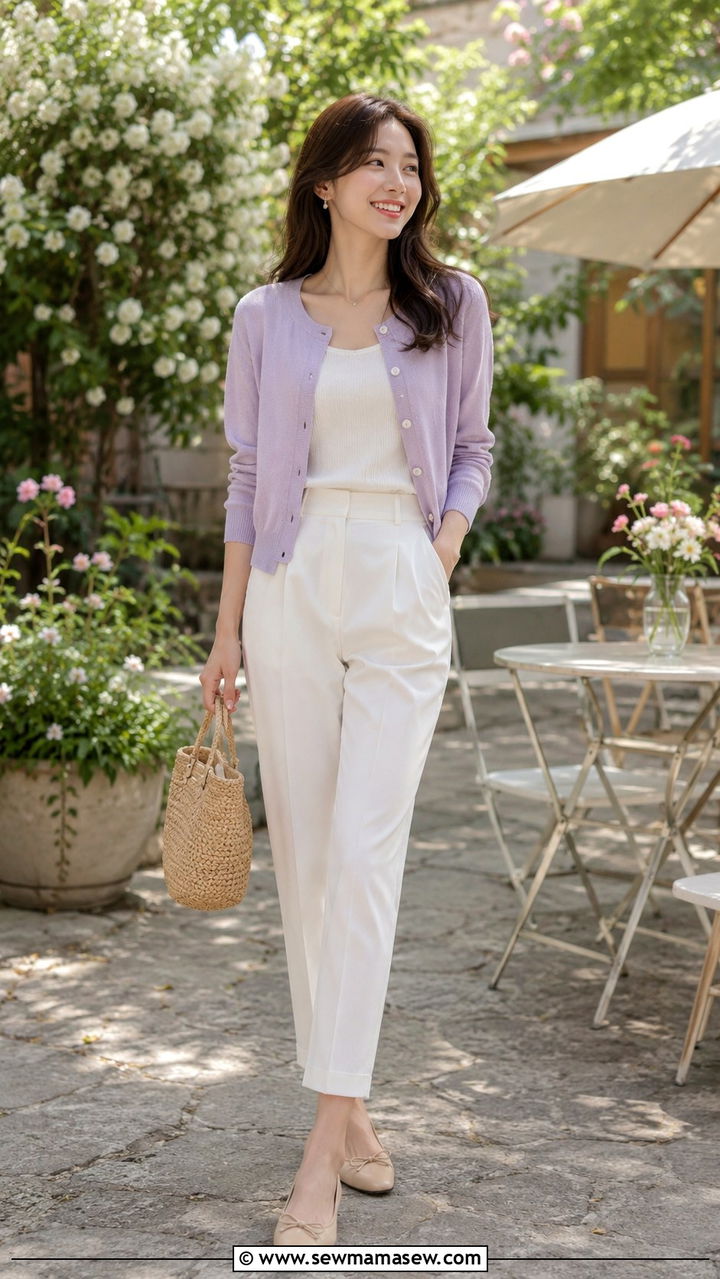 Modest Pastel Cardigan with White Trousers - 30 Modest outfit ideas aesthetic