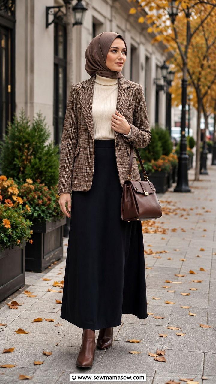 Modest Plaid Blazer with Solid Maxi Skirt - 30 Modest outfit ideas aesthetic