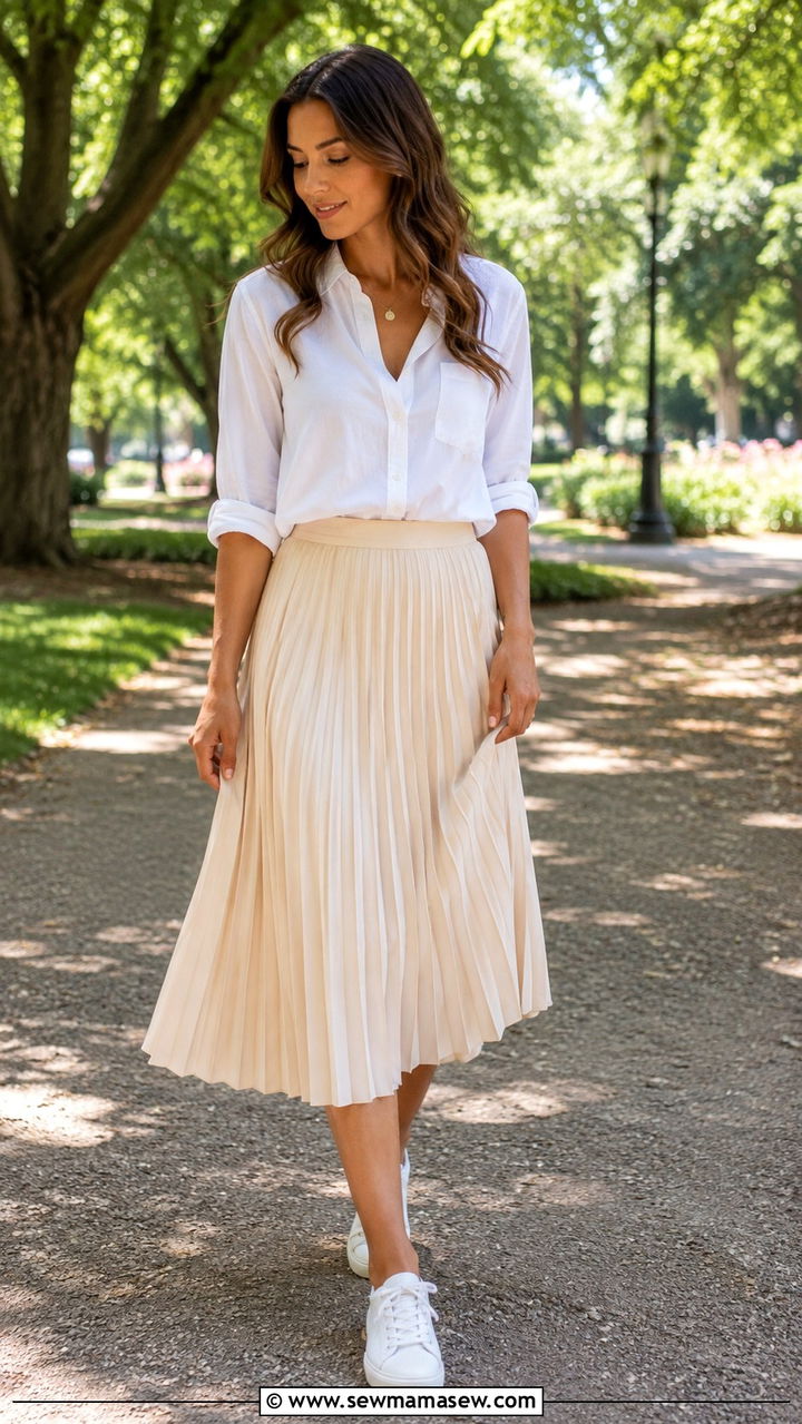 Modest Pleated Midi Skirt With Button Down Shirt - 30 Modest outfit ideas minimalist