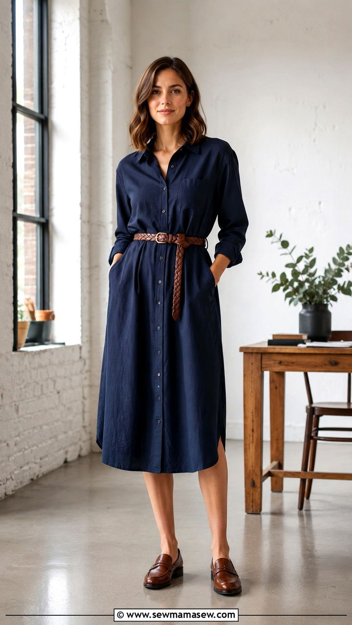 Modest Shirt Dress With Leather Belt And Loafers Outfit - 25 work outfits for modest women