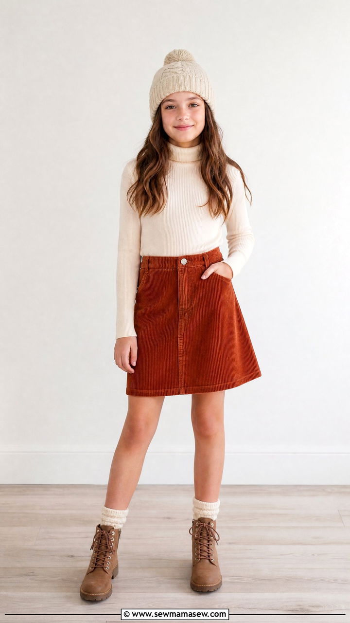 Modest Tween Corduroy Skirt and Turtleneck Outfit - 25 Tween outfit ideas modest