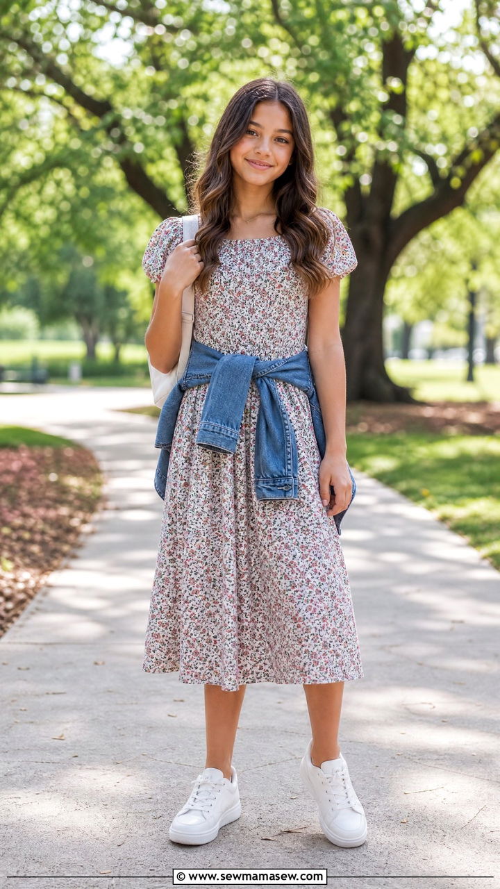 Modest Tween Midi Dress with Sneakers - 25 Tween outfit ideas modest
