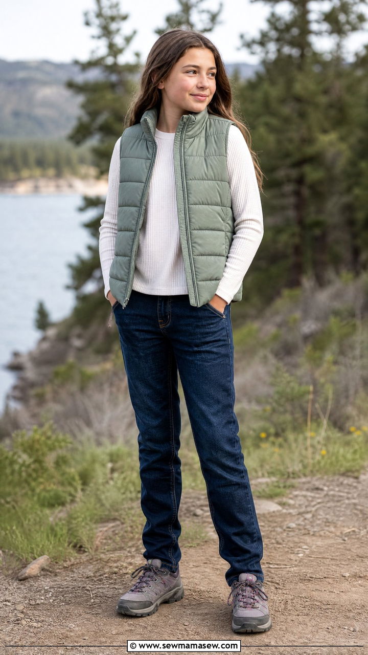 Modest Tween Puffer Vest and Jeans Outfit - 25 Tween outfit ideas modest