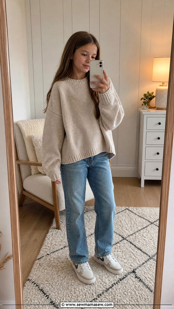 Modest Tween Sweater and Straight Jeans Outfit - 25 Tween outfit ideas modest
