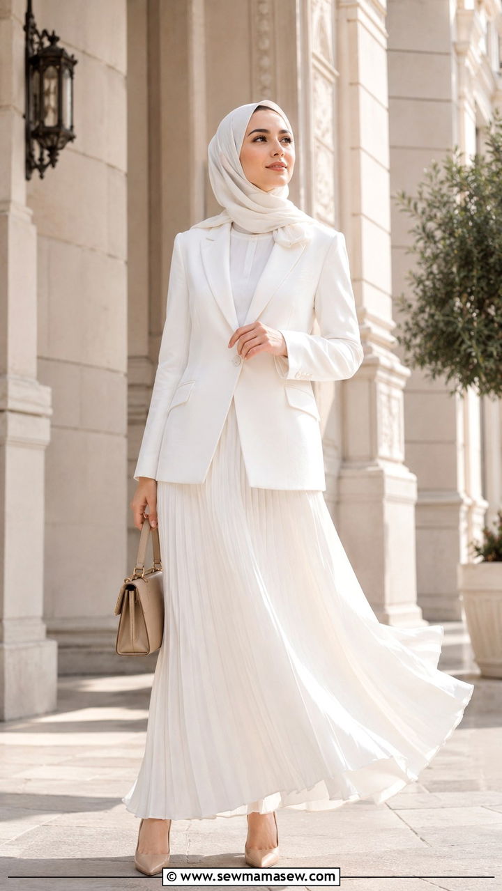 Modest White Blazer with Maxi Skirt Monochrome - 30 Modest outfit ideas aesthetic