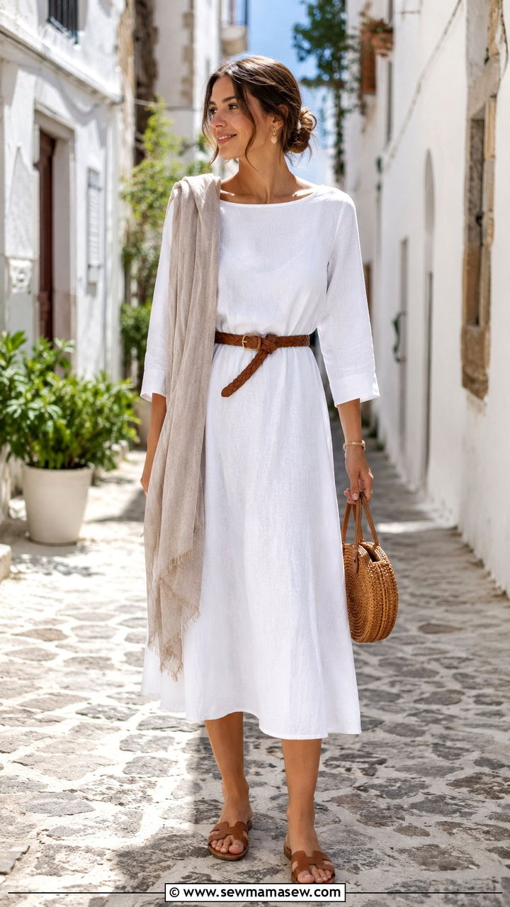 Modest White Linen Dress With Woven Accessories - 25 Vacation outfit ideas modest women