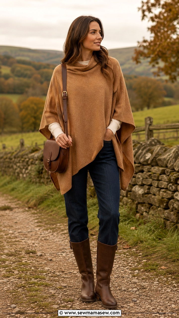 Modest Wool Poncho with Straight Leg Jeans - 30 Modest outfit ideas aesthetic