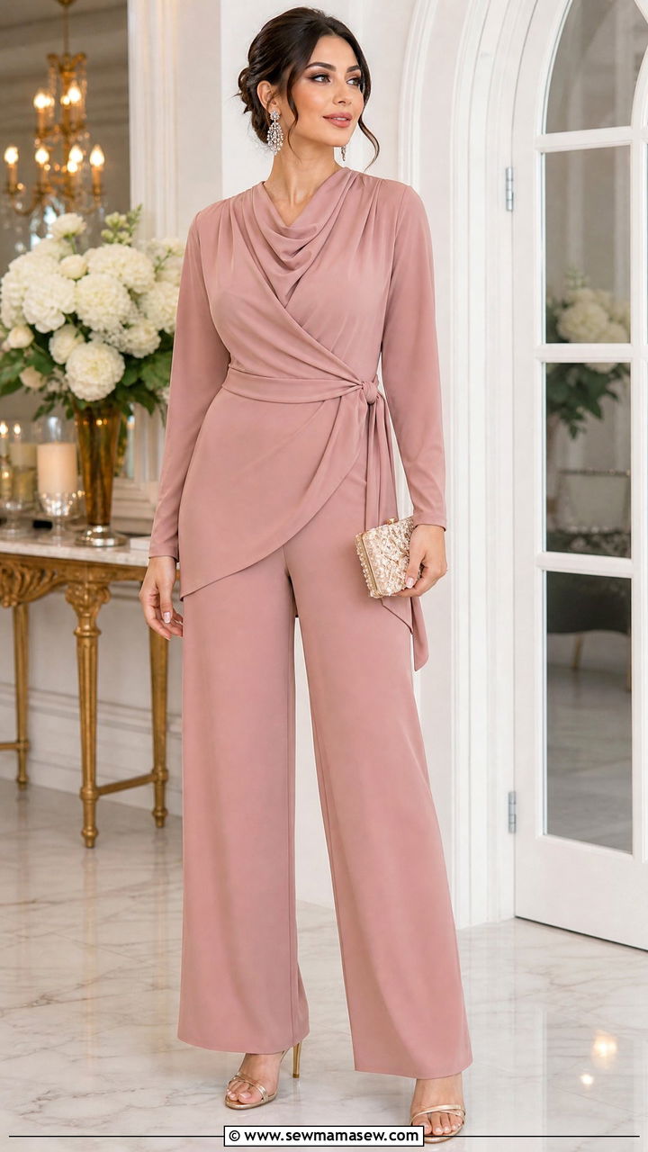 Modest Wrap Jumpsuit with Draped Neckline - 25 modest bridal shower outfit ideas