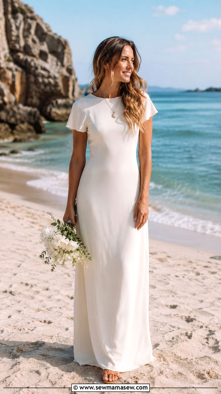 Modest beach wedding dress with short sleeves and flowy skirt - 20 Modest outfit ideas for bride