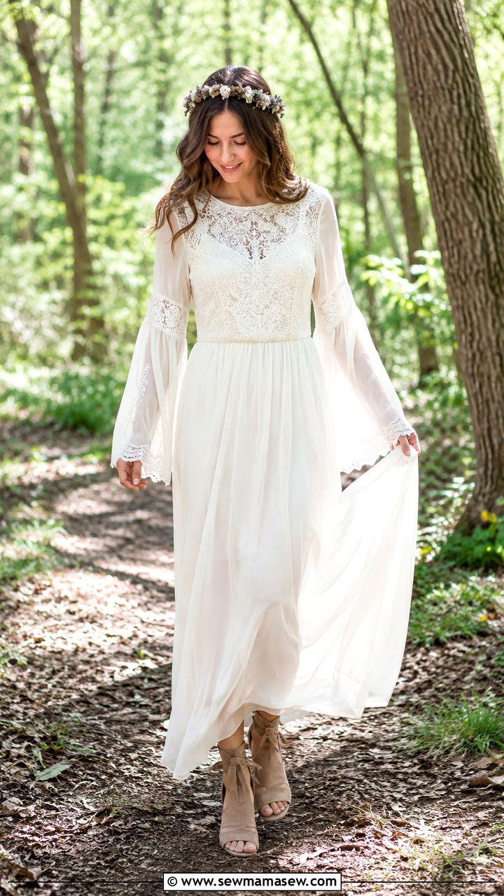 Modest boho wedding dress with bell sleeves - 20 Modest outfit ideas for bride