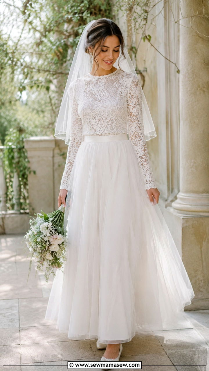 Modest bridal separates with lace top and tulle skirt - 20 Modest outfit ideas for bride
