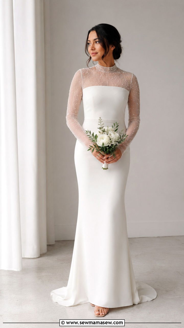 Modest crepe sheath dress with illusion neckline - 20 Modest outfit ideas for bride
