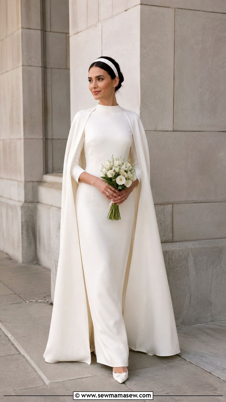Modest crepe wedding dress with detachable cape - 20 Modest outfit ideas for bride