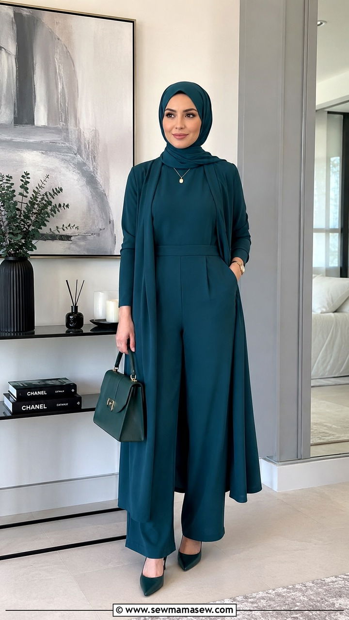 Modest jumpsuit with longline cardigan - 30 Modest outfit ideas for Eid