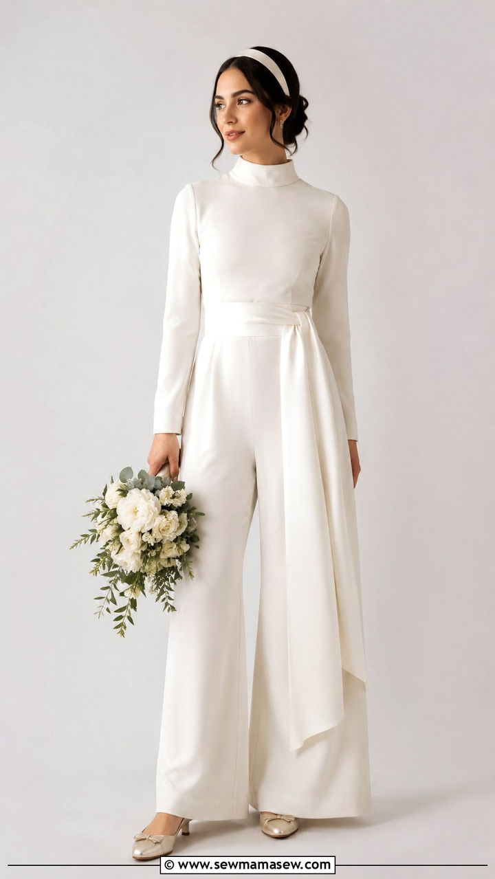 Modest long sleeve bridal jumpsuit outfit - 20 Modest outfit ideas for bride