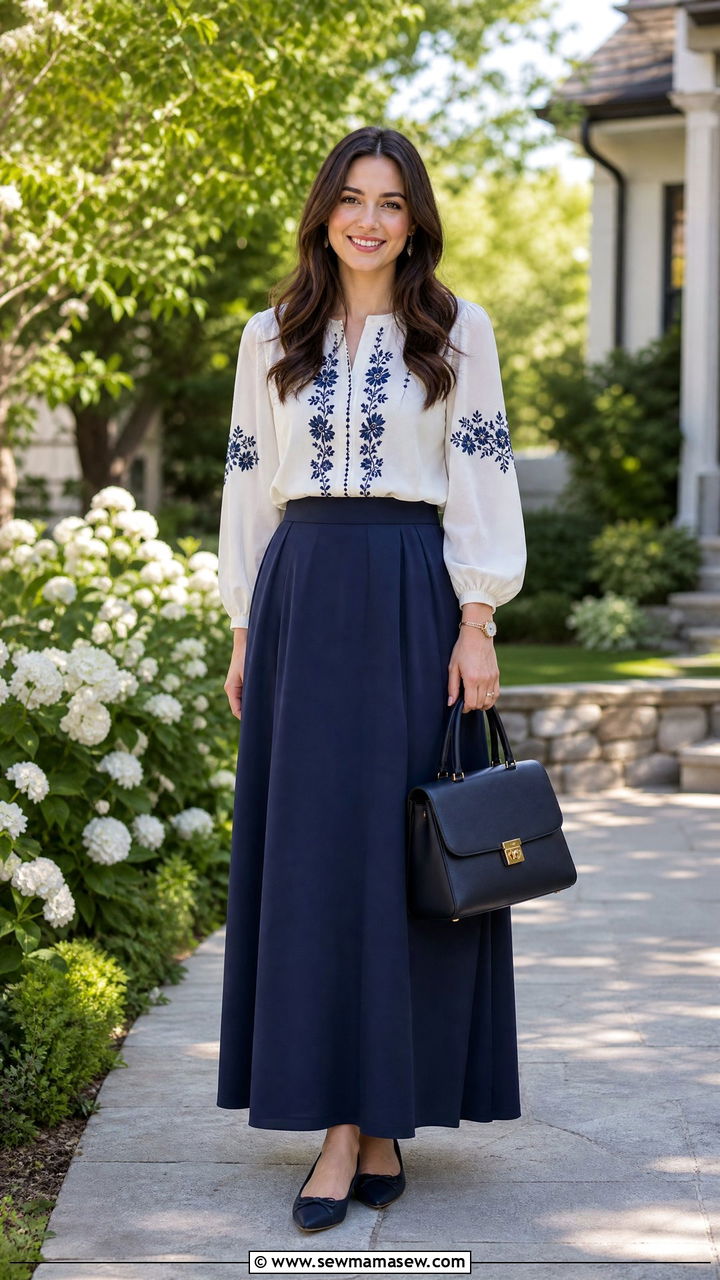 Modest maxi skirt with long sleeve blouse - 30 Summer outfits with maxi skirts