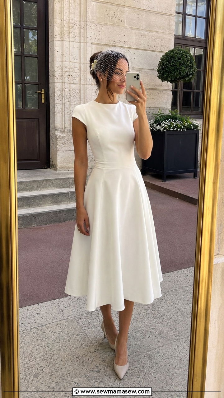 Modest midi wedding dress with high neckline and short sleeves - 20 Modest outfit ideas for bride