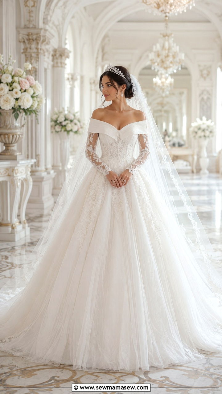 Modest off shoulder ball gown with long lace sleeves - 20 Modest outfit ideas for bride
