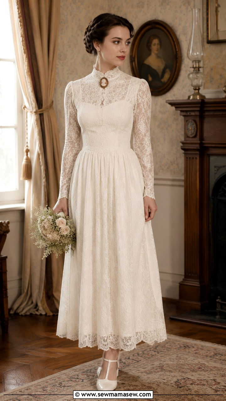 Modest vintage inspired wedding dress with lace collar - 20 Modest outfit ideas for bride