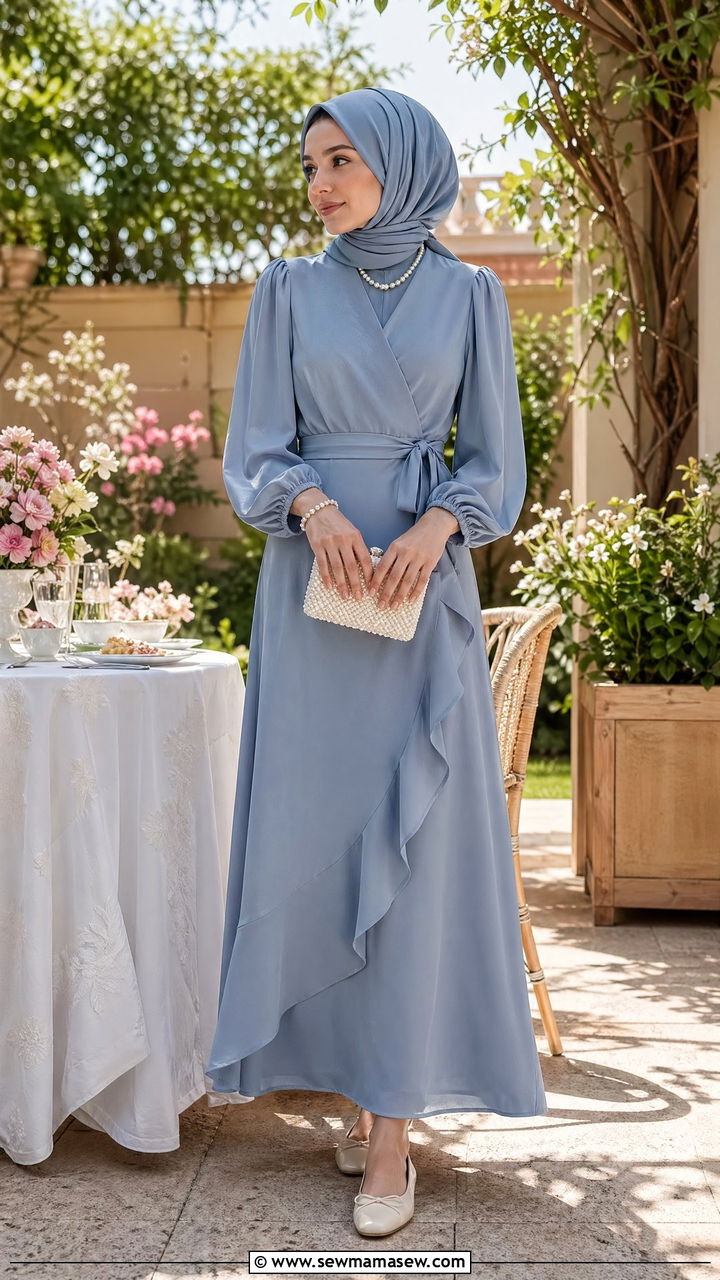 Modest wrap dress with pearl accessories - 35 Eid outfit ideas modest