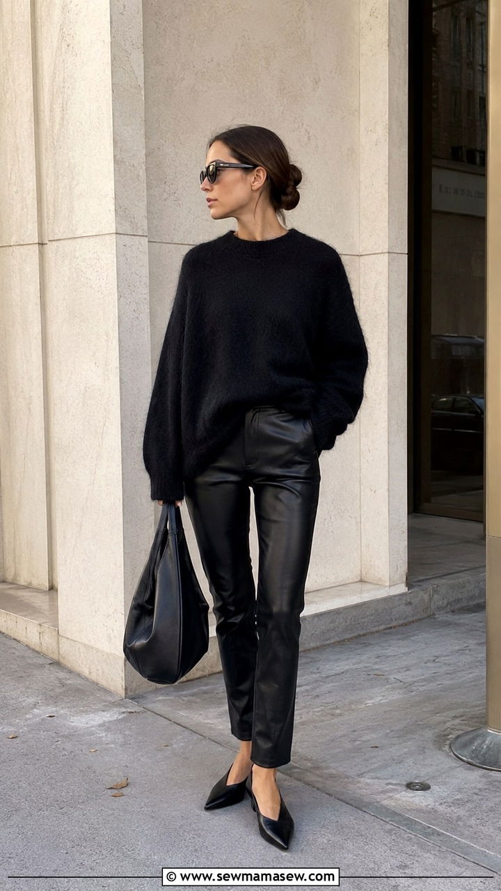 Mohair Sweater with Second Skin Leather Trousers and Pointed Flats - 20 Quiet luxury outfit ideas Khaite style