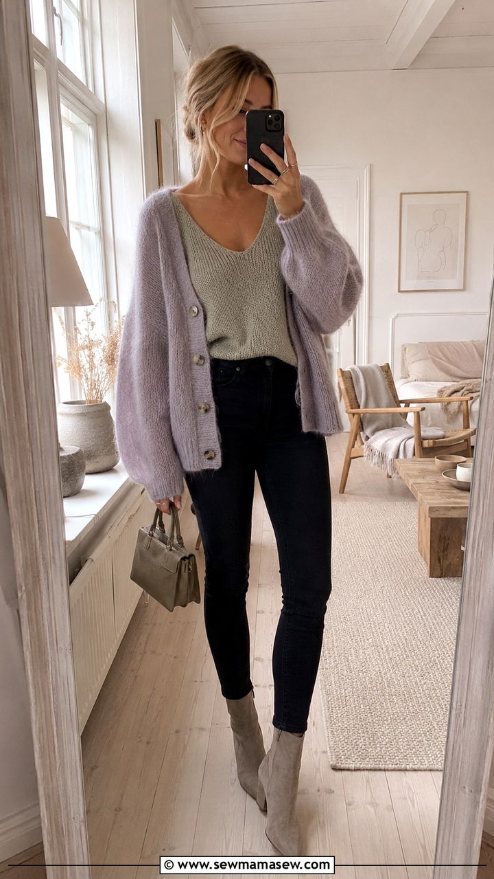 Mohair cardigan and skinny jeans - 30 Danish cozy outfit ideas