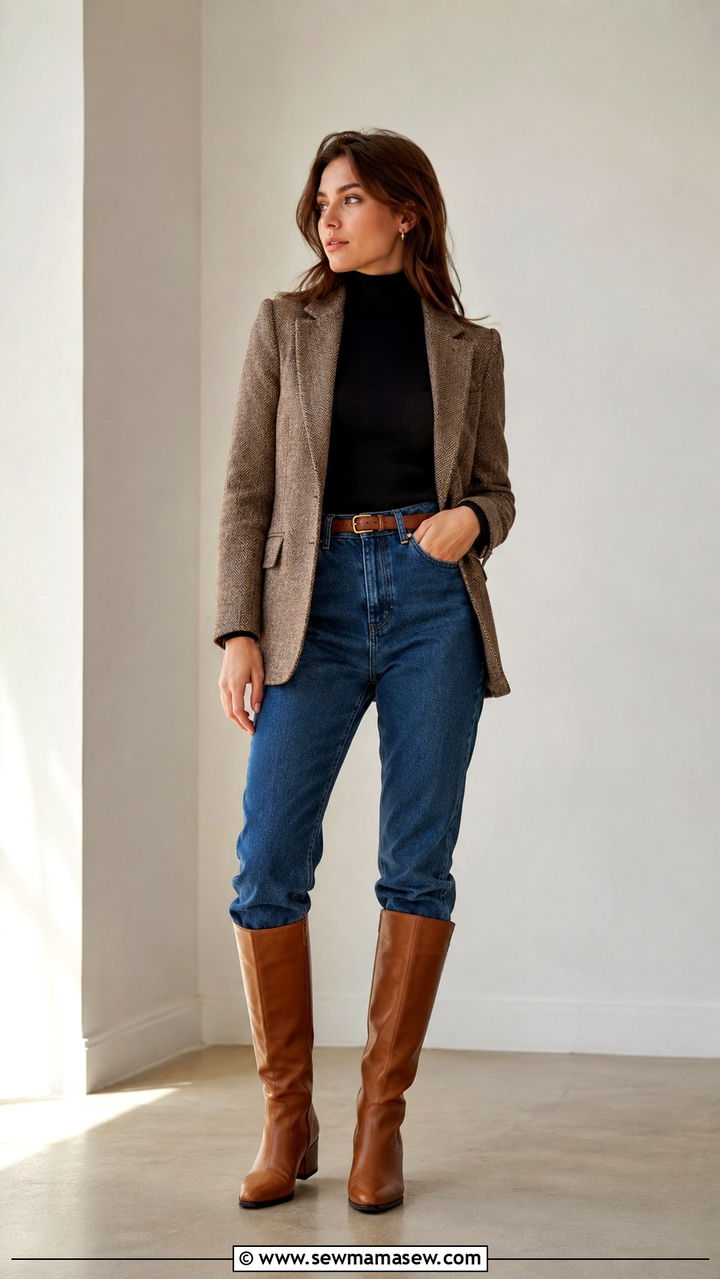 Mom Jeans Tucked Into Tall Boots - 30 Mom jeans outfit ideas with boots