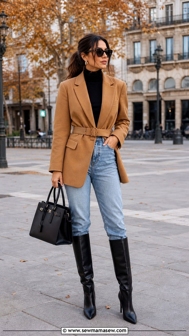 Mom Jeans With Belted Blazer And Knee High Boots - 30 Mom jeans outfit ideas with a blazer