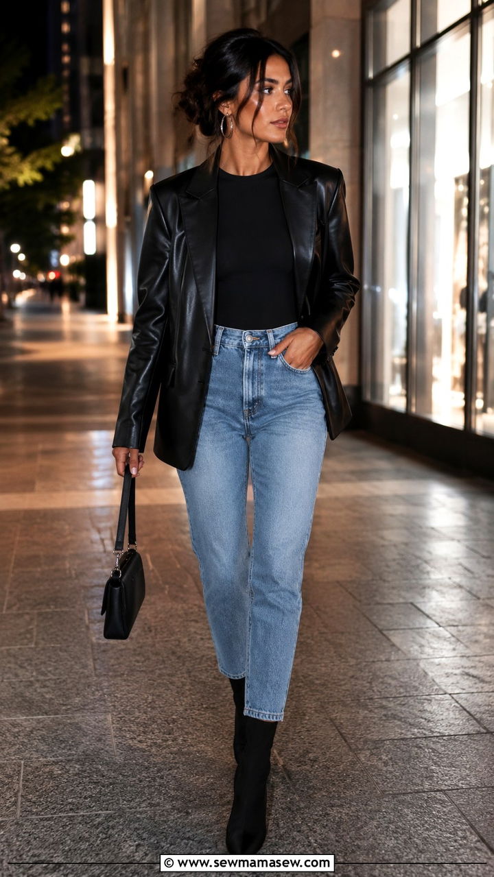 Mom Jeans With Black Leather Blazer And Bodysuit - 30 Mom jeans outfit ideas with a blazer