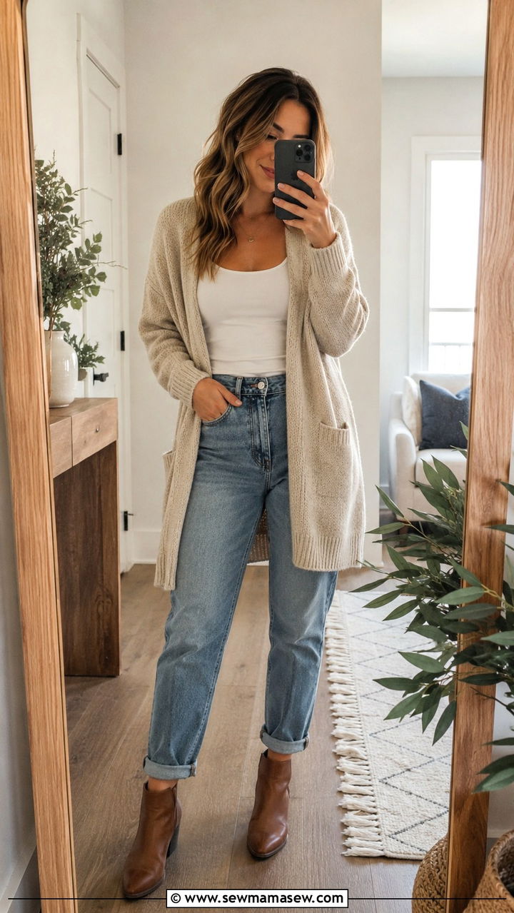 Mom Jeans With Boots and Cardigan Sweater - 30 Mom jeans outfit ideas with boots