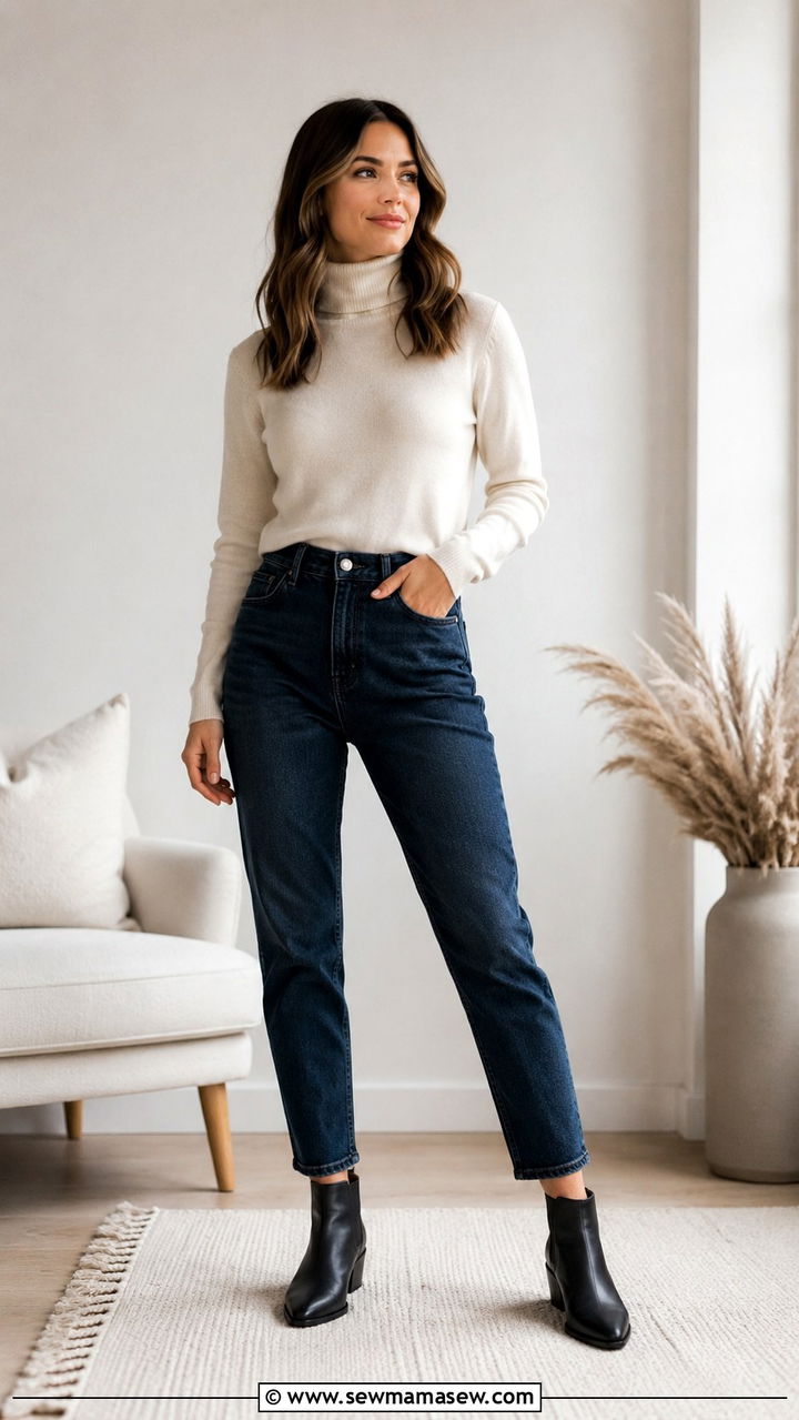 Mom Jeans With Boots and Turtleneck Sweater - 30 Mom jeans outfit ideas with boots